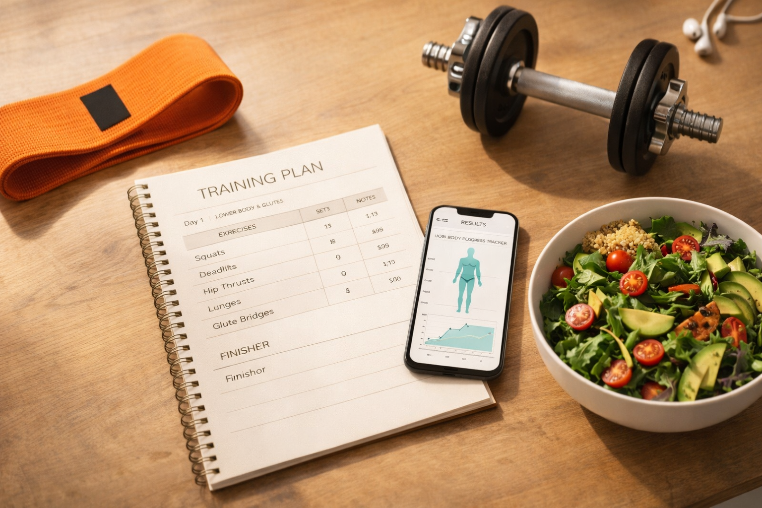 Research desk with sports science papers and a glute training system diagram